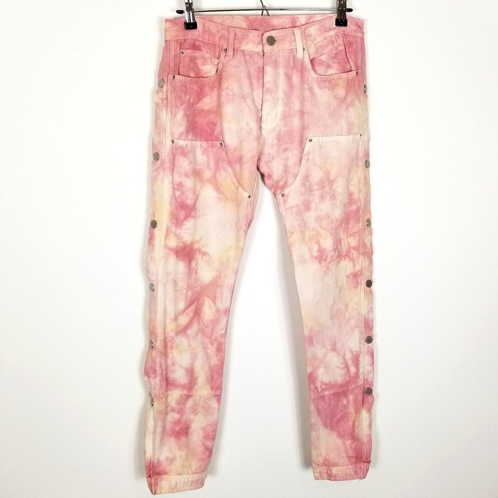 MNML Men's White  Pink  Tie Dye Jeans Size‎ 29 Snap Zip Sides Pockets